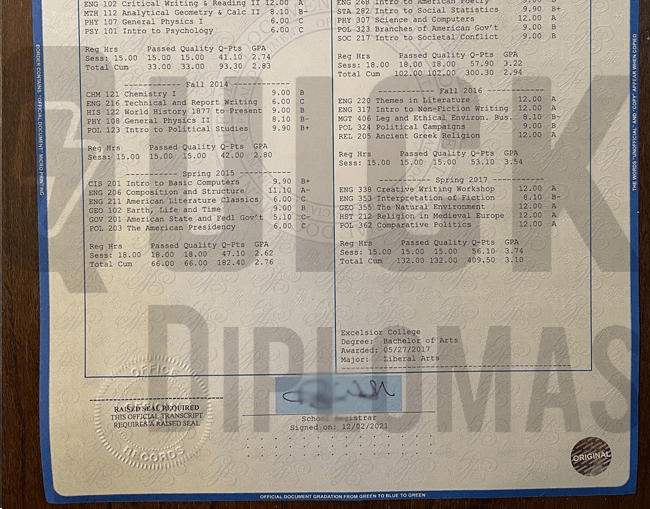 copy of embossed replacement transcripts with hologram on security paper showing coursework and scores