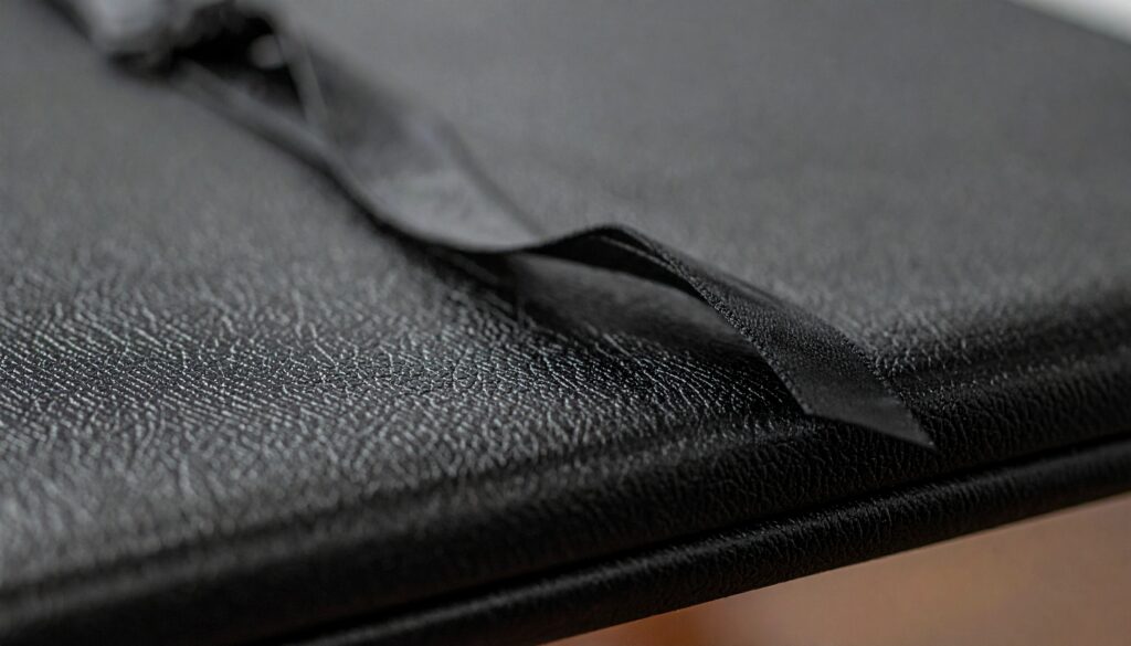 Diplomas Folders & Covers 2 Close-up of black leatherette diploma folder corner showing padded construction, textured surface, and silk polyester ribbon detail
