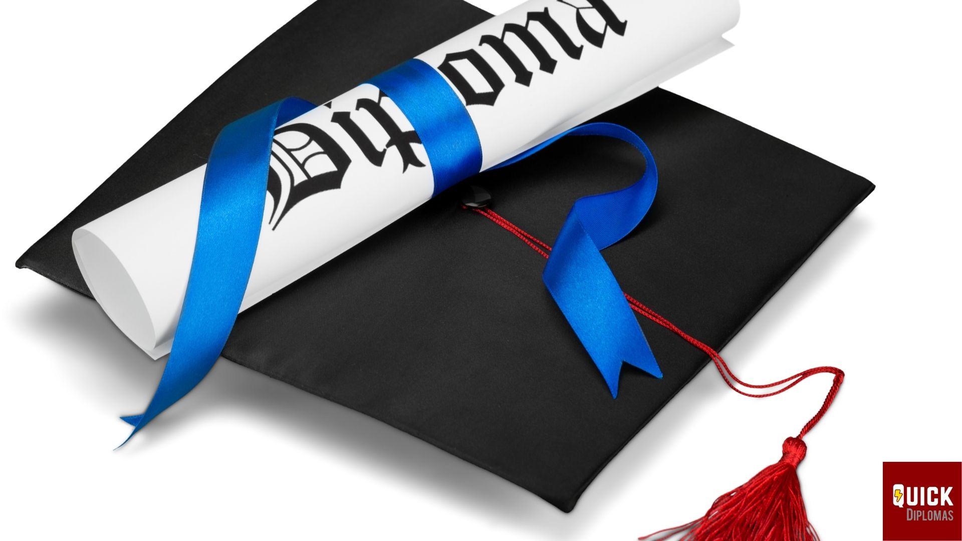 Professional Replacement College Diploma - Advantages and Top Ways to Get the Degree 2 diploma and graduation cap with blue ribbon on white table