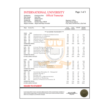 College University Transcript, International