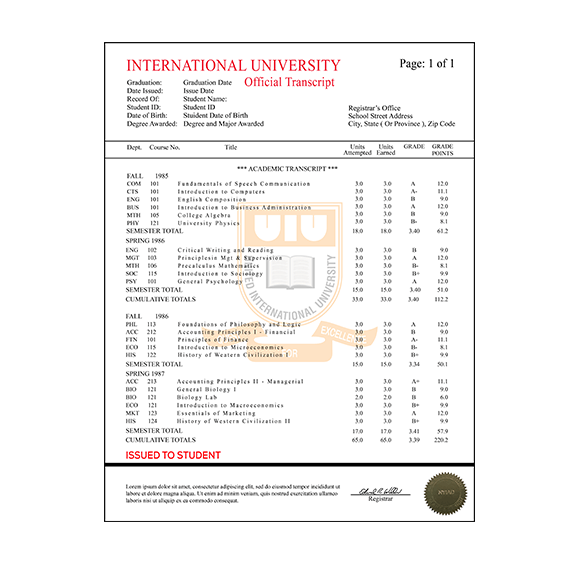 Replacement Transcripts 4 College University Transcript, International
