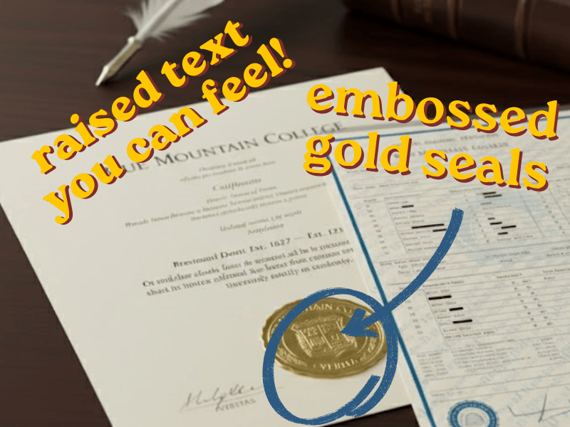 replica diplomas and transcripts from colleges and universities around the world featuraing raised text and shiny gold embossed seals
