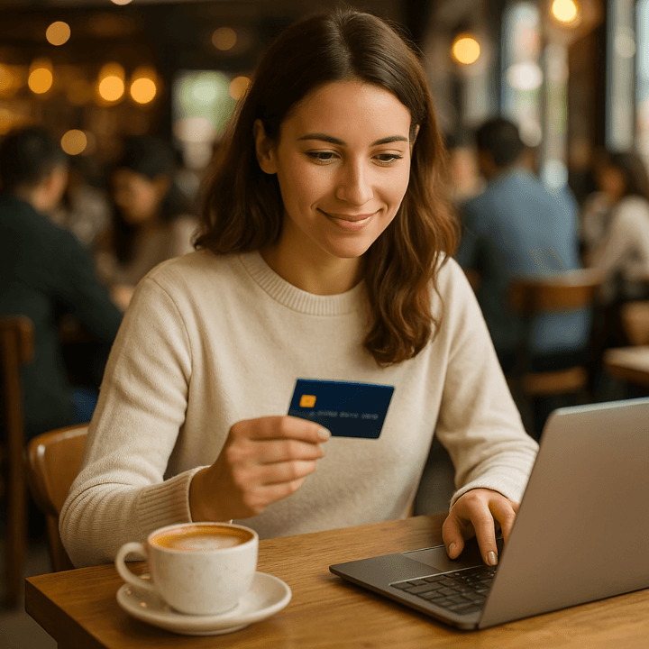 Woman using a credit card to stop for novelty replacement documents online